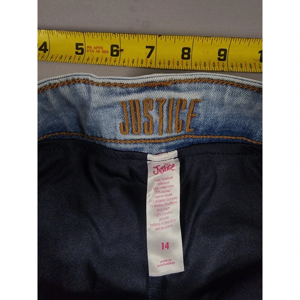 Justice Girls Light Wash Denim Skirt Neon Yellow Front Zip Frayed Hem Size 14